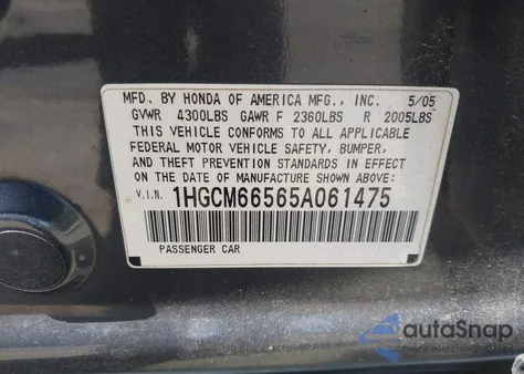 2005 Honda Accord 3.0 Ex from USA, damaged, VIN 1HGCM66565A061475